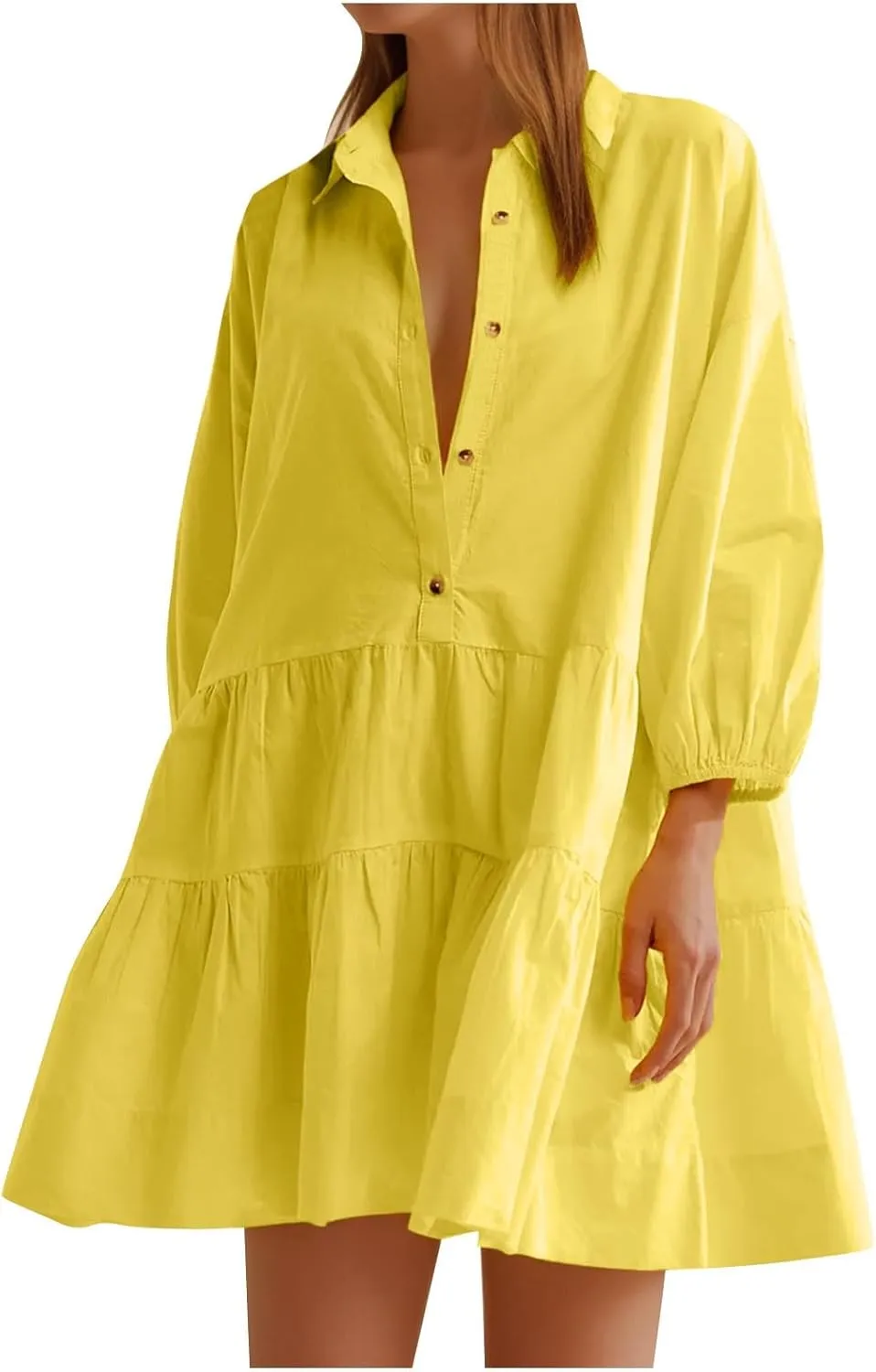 JOAU Women's Cute Summer Babydoll Shirt Mini Dress Puff Sleeve Flowy Tiered Ruffle Swing A-Line Collared Button Shirt Dress