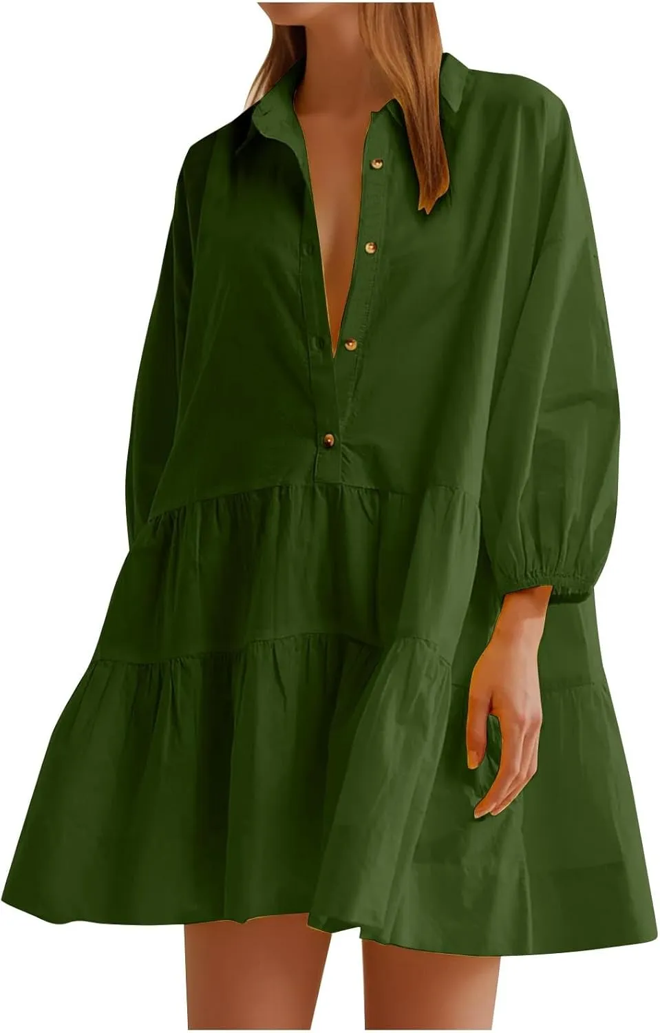 JOAU Women's Cute Summer Babydoll Shirt Mini Dress Puff Sleeve Flowy Tiered Ruffle Swing A-Line Collared Button Shirt Dress