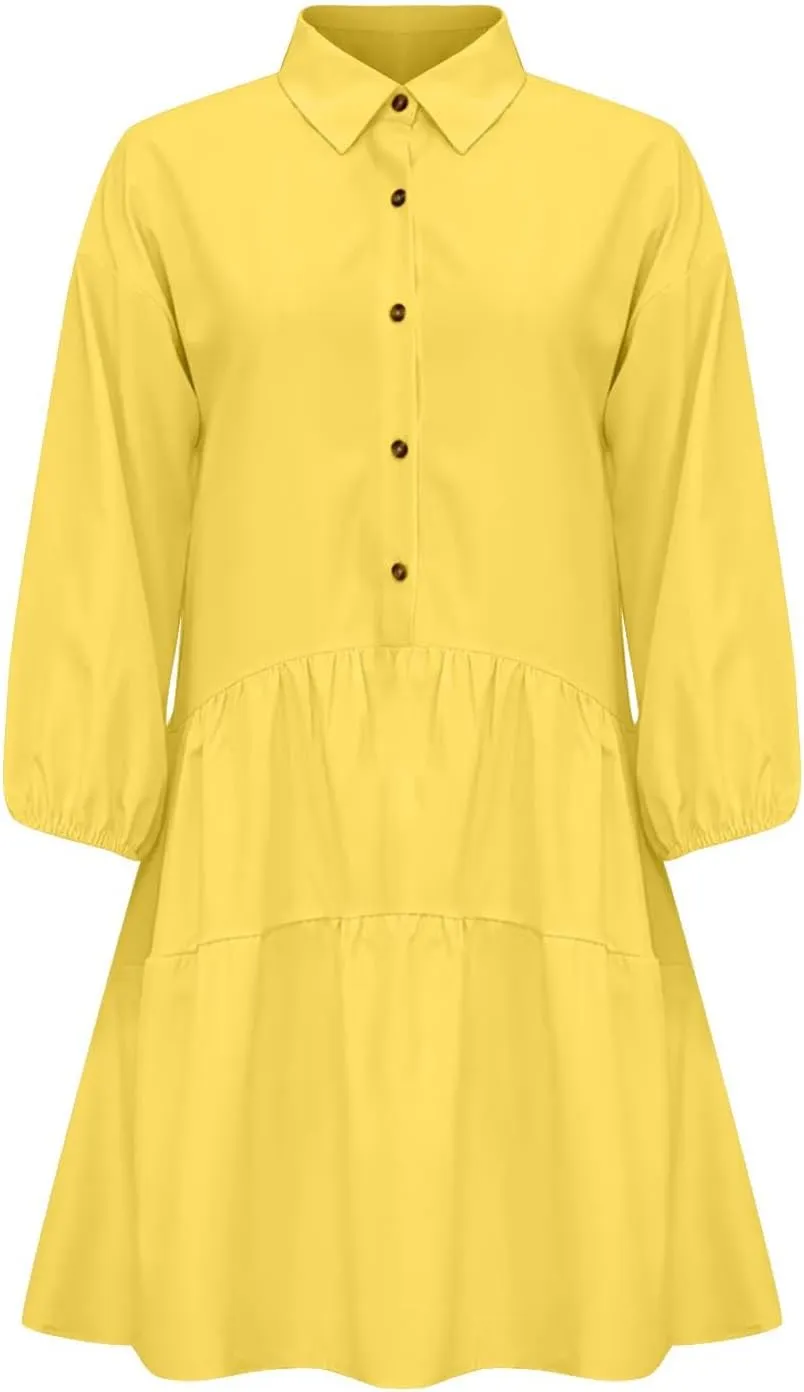 JOAU Women's Cute Summer Babydoll Shirt Mini Dress Puff Sleeve Flowy Tiered Ruffle Swing A-Line Collared Button Shirt Dress