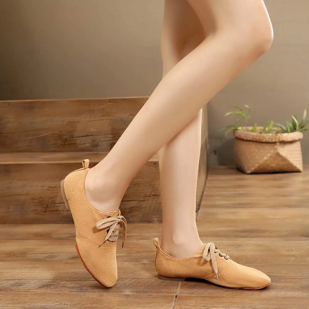 JUODVMP Canvas Lace-up Dance Shoes Flat Practice Jazz Dancing Boots for Women,Model MFGDBJSX