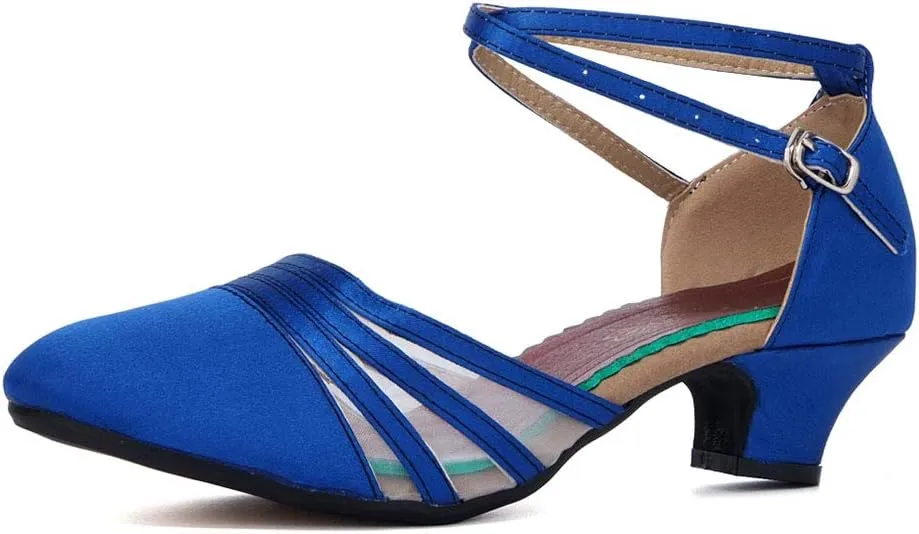 JUODVMP Leather & Mesh Closed Toe Ballroom Dance Shoes Crisscross Belt Women Low Heel Modern Character Shoes,DY302