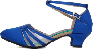 JUODVMP Leather & Mesh Closed Toe Ballroom Dance Shoes Crisscross Belt Women Low Heel Modern Character Shoes,DY302