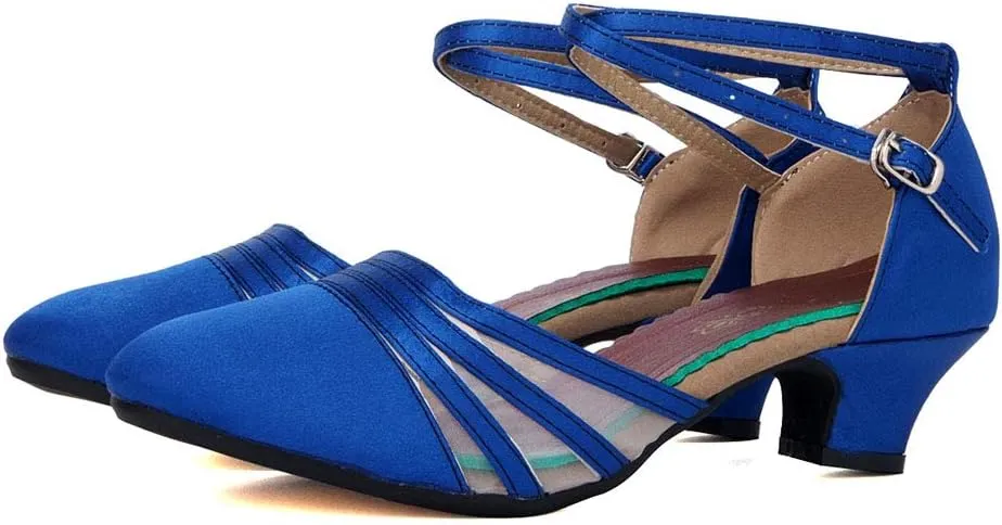JUODVMP Leather & Mesh Closed Toe Ballroom Dance Shoes Crisscross Belt Women Low Heel Modern Character Shoes,DY302
