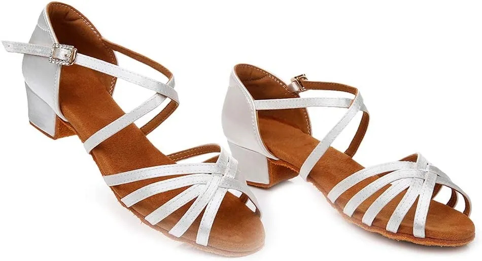 JUODVMP Silk Fabric Latin Dance Shoes for Girls Latin Ballroom Dance Shoes Girls with Diamond Buckle,Model US-TL-LP-ZSZK
