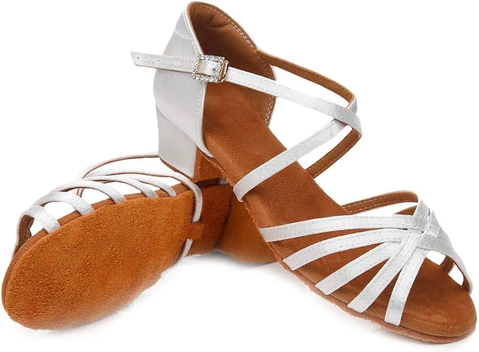 JUODVMP Silk Fabric Latin Dance Shoes for Girls Latin Ballroom Dance Shoes Girls with Diamond Buckle,Model US-TL-LP-ZSZK