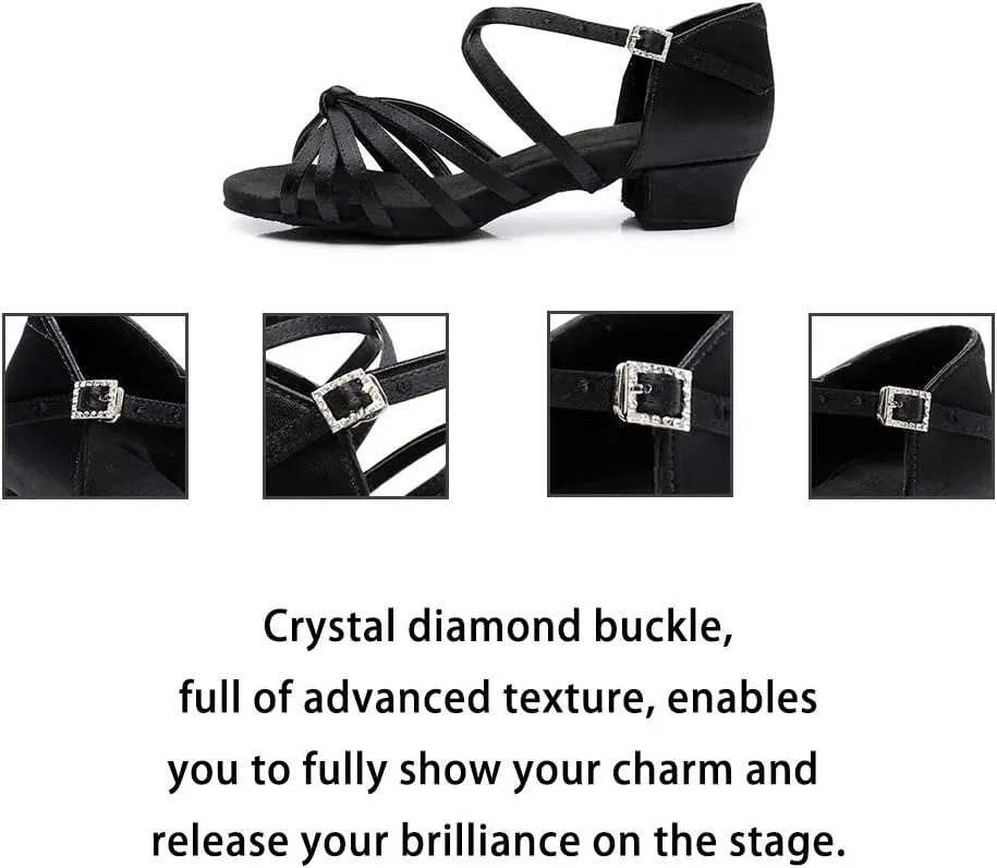 JUODVMP Silk Fabric Latin Dance Shoes for Girls Latin Ballroom Dance Shoes Girls with Diamond Buckle,Model US-TL-LP-ZSZK