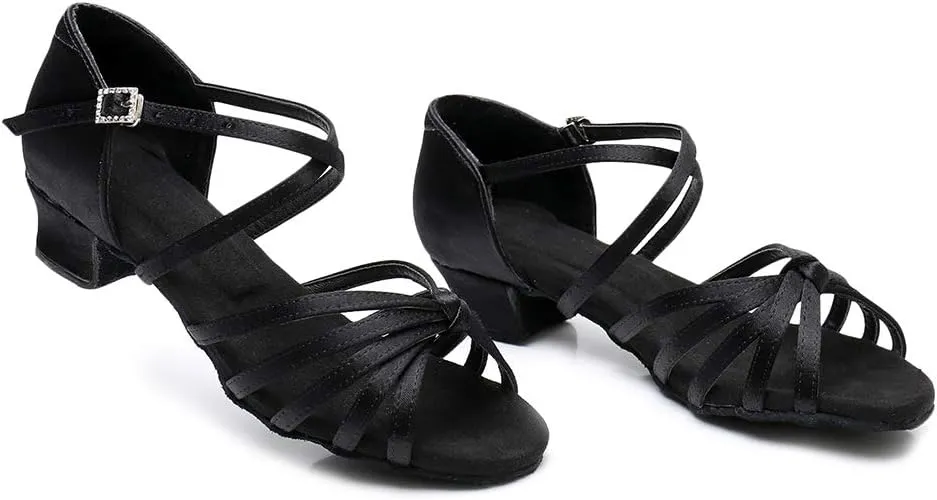 JUODVMP Silk Fabric Latin Dance Shoes for Girls Latin Ballroom Dance Shoes Girls with Diamond Buckle,Model US-TL-LP-ZSZK