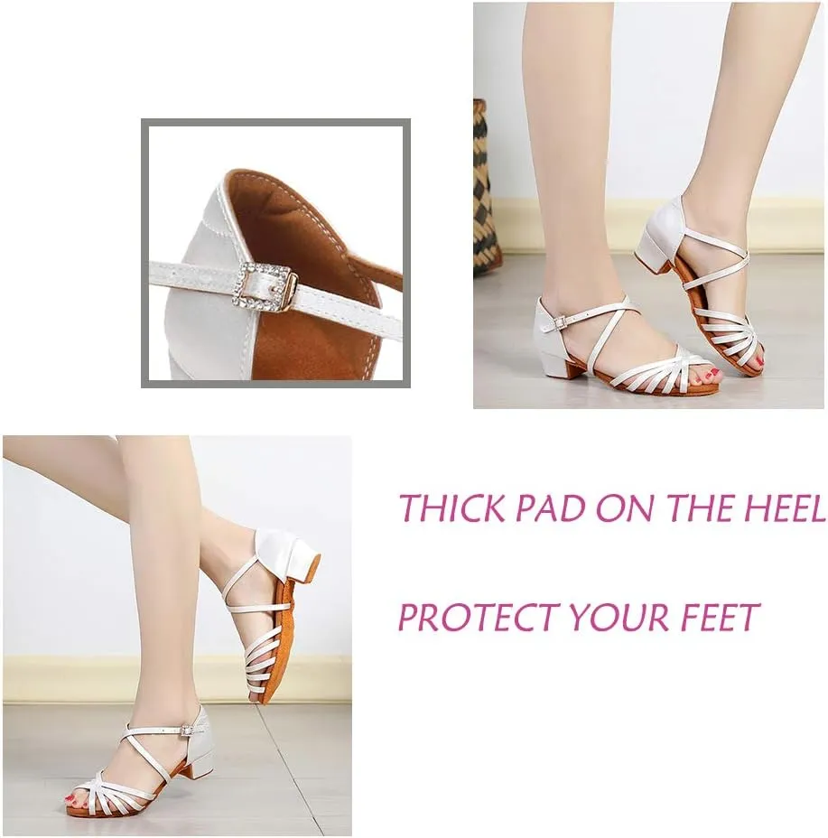 JUODVMP Silk Fabric Latin Dance Shoes for Girls Latin Ballroom Dance Shoes Girls with Diamond Buckle,Model US-TL-LP-ZSZK