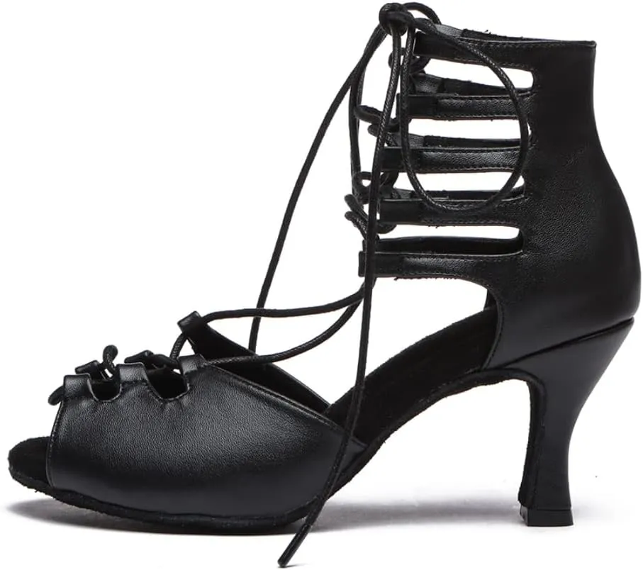JUODVMP Women Latin Dance Shoes Cross Straps Stiletto Heel peep Toe Ballroom Cha-Cha High Heel Dance Shoes Model YCL552