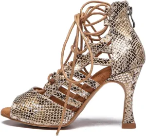 JUODVMP Women Latin Dance Shoes Cross Straps Stiletto Heel peep Toe Ballroom Cha-Cha High Heel Dance Shoes Model YCL552