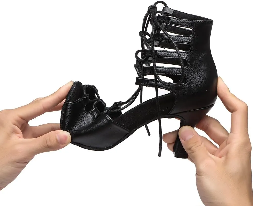 JUODVMP Women Latin Dance Shoes Cross Straps Stiletto Heel peep Toe Ballroom Cha-Cha High Heel Dance Shoes Model YCL552