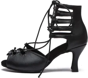 JUODVMP Women Latin Dance Shoes Cross Straps Stiletto Heel peep Toe Ballroom Cha-Cha High Heel Dance Shoes Model YCL552