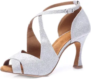 JUODVMP Women's Glitter Crossing Strap Ballroom Dance Shoes Latin Dance Shoes,Model L420