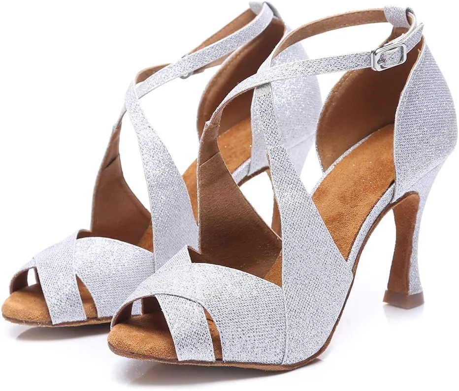 JUODVMP Women's Glitter Crossing Strap Ballroom Dance Shoes Latin Dance Shoes,Model L420