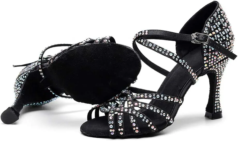 JUODVMP Women's Latin Dance Shoes Professional Rhinestone Ballroom Wedding Dance Shoes Salsa Performance Dancing Shoes with Cross Strap,Model VS-QJW1035