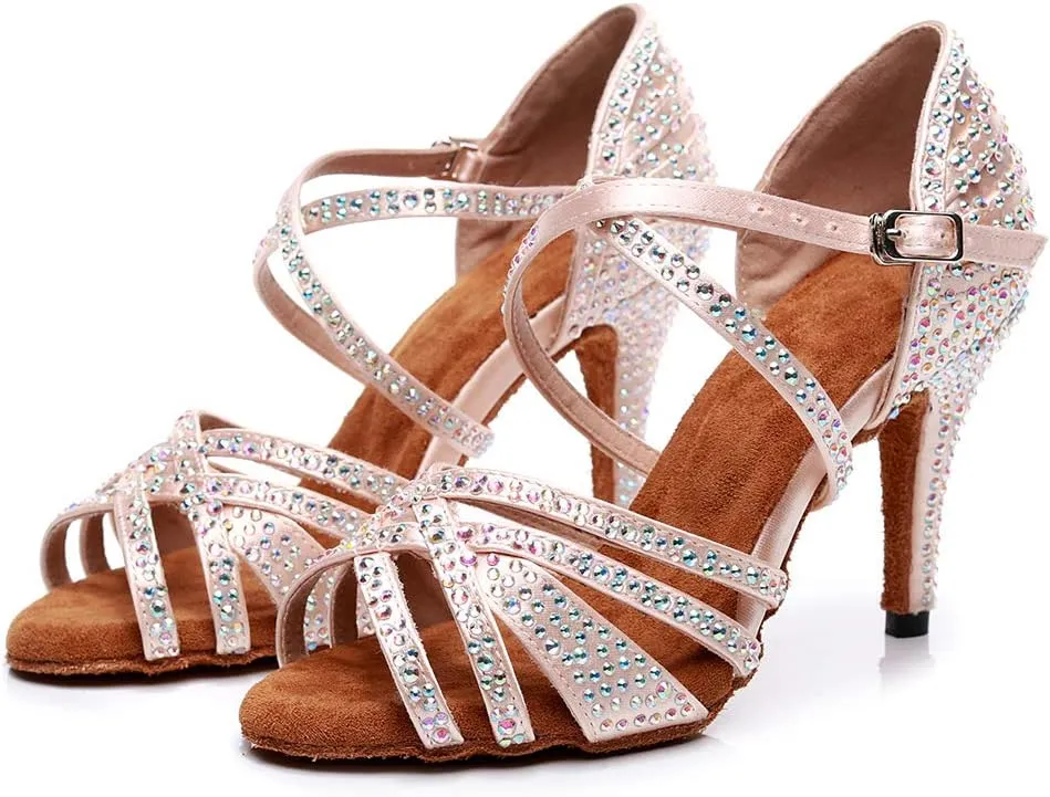 JUODVMP Women's Latin Dance Shoes Professional Rhinestone Ballroom Wedding Dance Shoes Salsa Performance Dancing Shoes with Cross Strap,Model VS-QJW1035