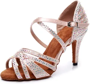 JUODVMP Women's Latin Dance Shoes Professional Rhinestone Ballroom Wedding Dance Shoes Salsa Performance Dancing Shoes with Cross Strap,Model VS-QJW1035