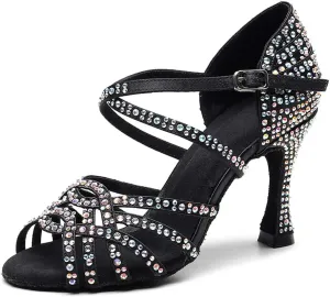 JUODVMP Women's Latin Dance Shoes Professional Rhinestone Ballroom Wedding Dance Shoes Salsa Performance Dancing Shoes with Cross Strap,Model VS-QJW1035