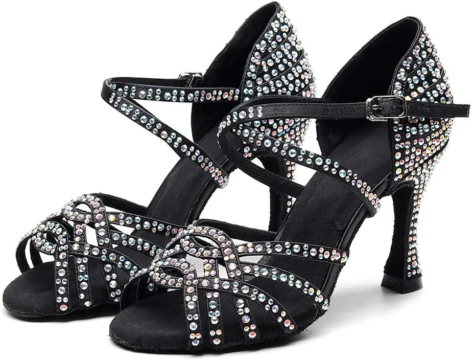 JUODVMP Women's Latin Dance Shoes Professional Rhinestone Ballroom Wedding Dance Shoes Salsa Performance Dancing Shoes with Cross Strap,Model VS-QJW1035