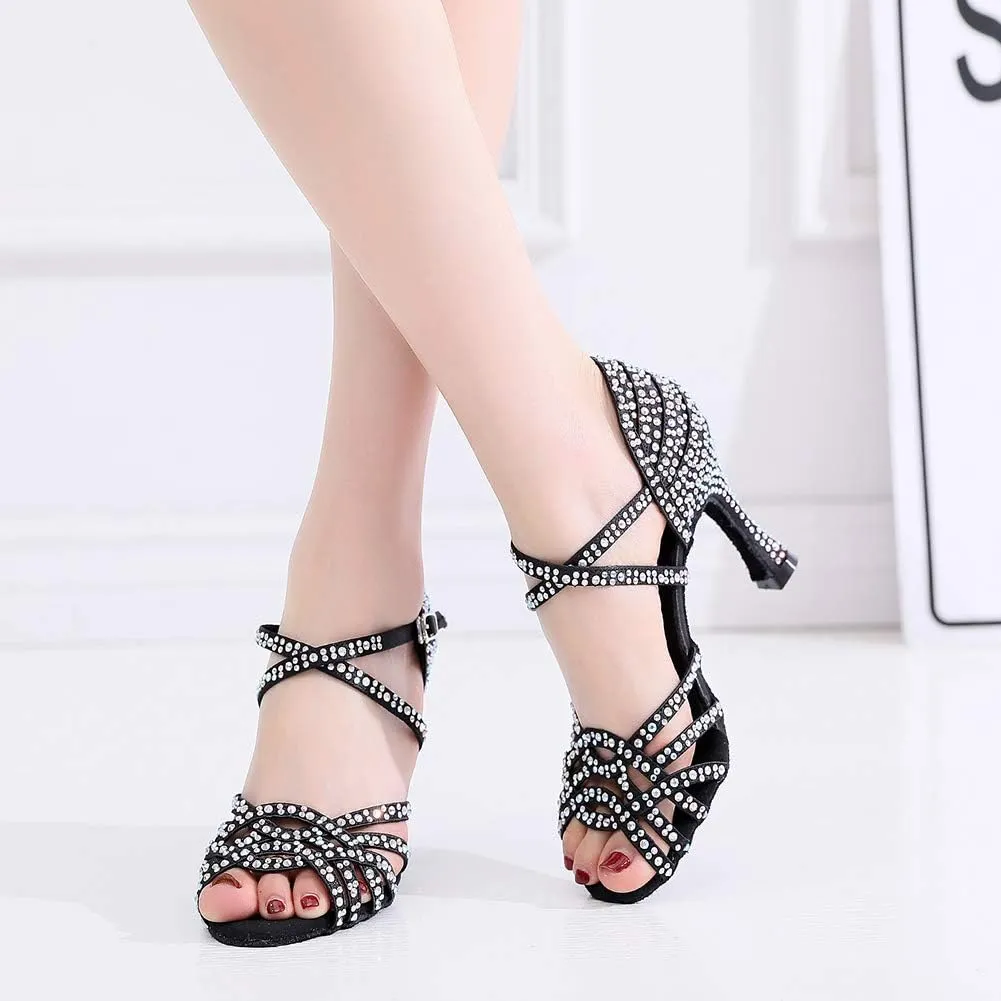 JUODVMP Women's Latin Dance Shoes Professional Rhinestone Ballroom Wedding Dance Shoes Salsa Performance Dancing Shoes with Cross Strap,Model VS-QJW1035