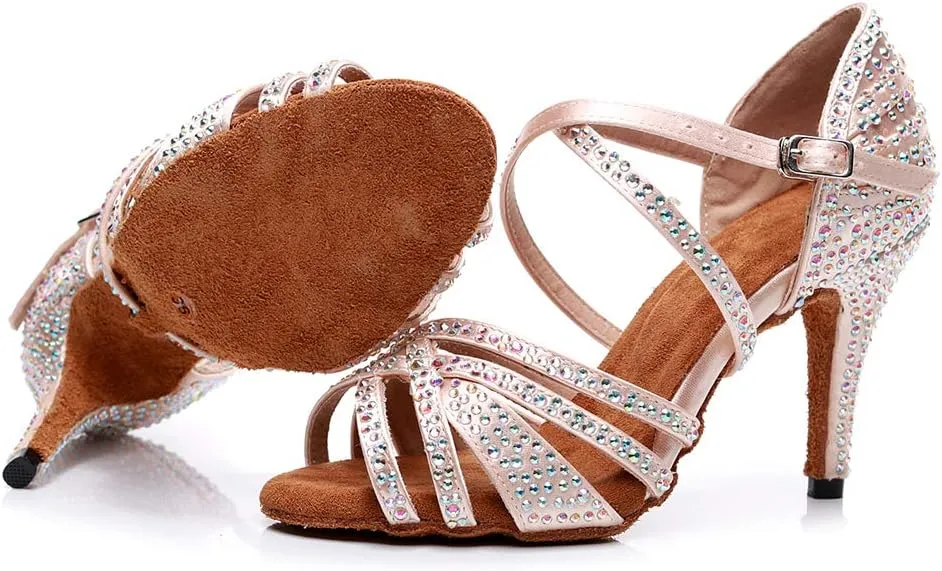JUODVMP Women's Latin Dance Shoes Professional Rhinestone Ballroom Wedding Dance Shoes Salsa Performance Dancing Shoes with Cross Strap,Model VS-QJW1035