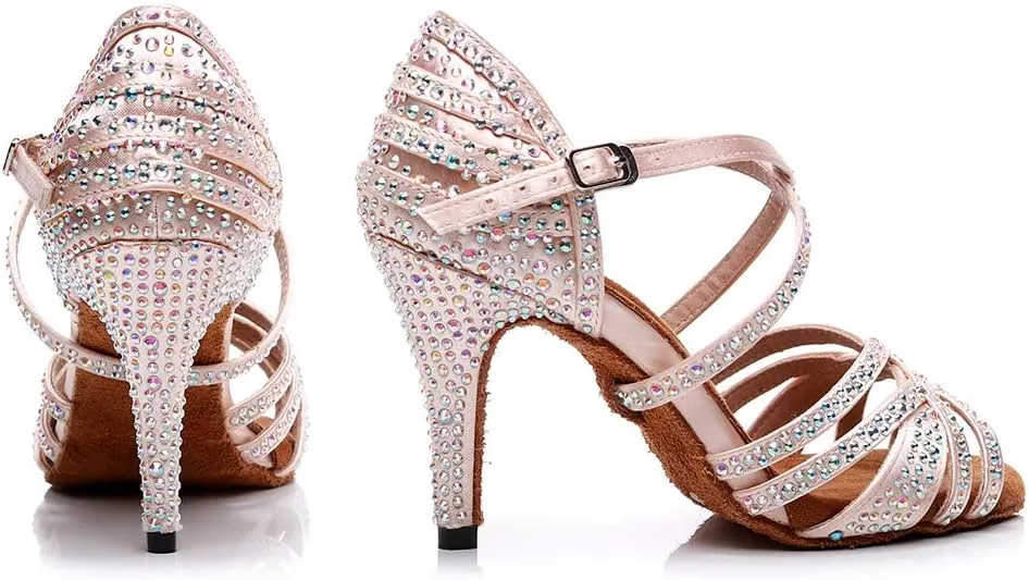 JUODVMP Women's Latin Dance Shoes Professional Rhinestone Ballroom Wedding Dance Shoes Salsa Performance Dancing Shoes with Cross Strap,Model VS-QJW1035