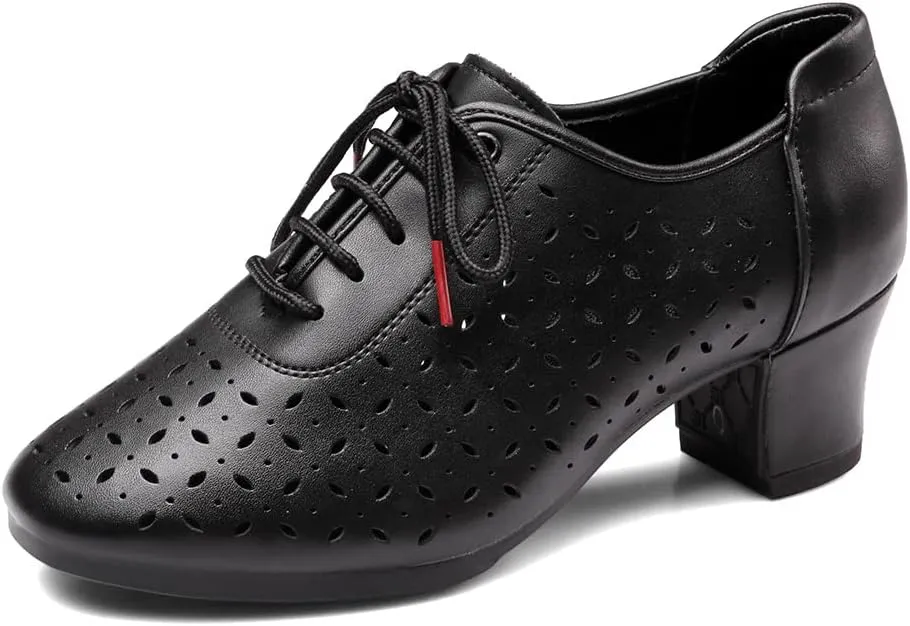JUODVMP Women's Leather Cut Out Lace Up Ballroom Latin Salsa Dance Shoes Model 406