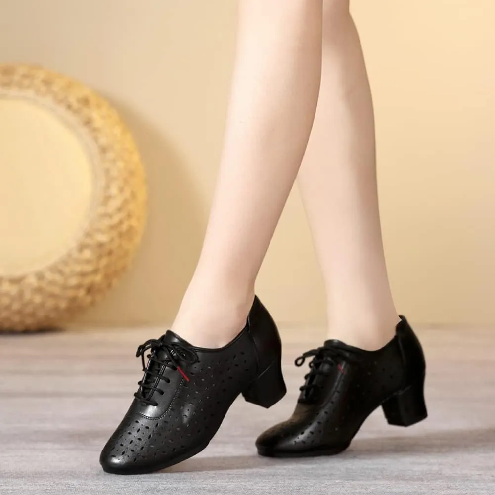 JUODVMP Women's Leather Cut Out Lace Up Ballroom Latin Salsa Dance Shoes Model 406