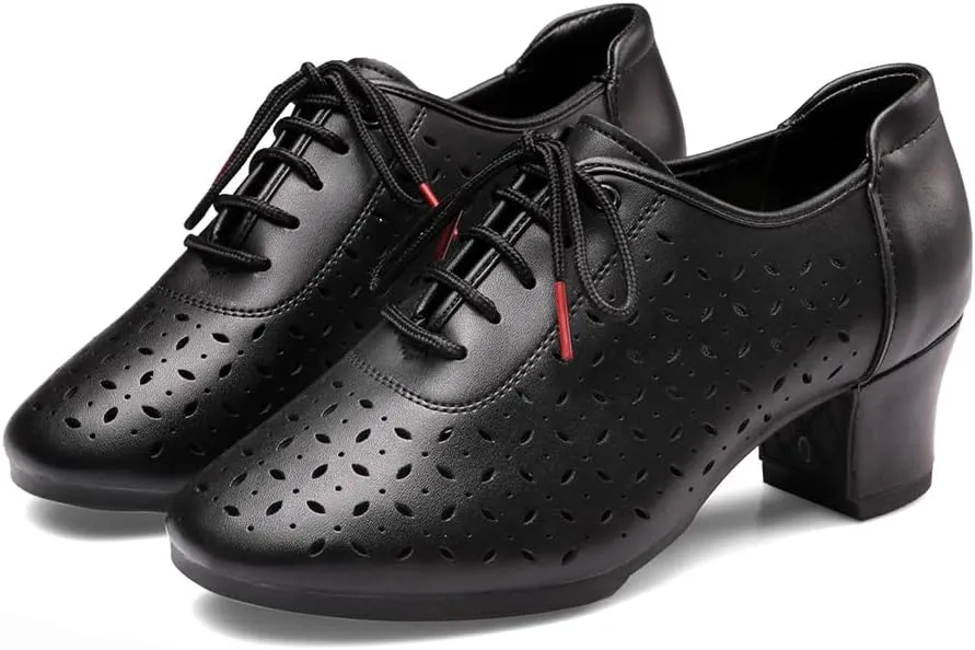 JUODVMP Women's Leather Cut Out Lace Up Ballroom Latin Salsa Dance Shoes Model 406