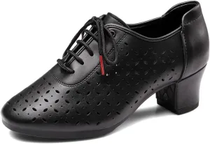 JUODVMP Women's Leather Cut Out Lace Up Ballroom Latin Salsa Dance Shoes Model 406