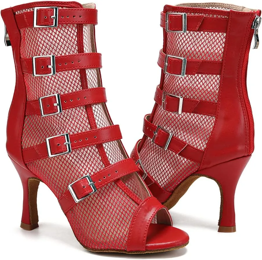 JUODVMP Womens Leather Stitching Mesh Multiple Straps Open Toe Ballroom Latin Salsa Modern Dance Shoes Model Y006