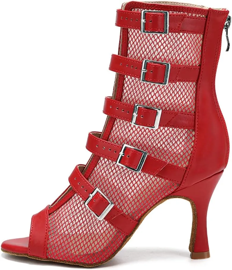 JUODVMP Womens Leather Stitching Mesh Multiple Straps Open Toe Ballroom Latin Salsa Modern Dance Shoes Model Y006