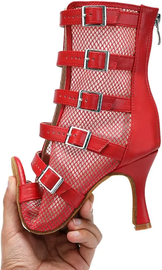 JUODVMP Womens Leather Stitching Mesh Multiple Straps Open Toe Ballroom Latin Salsa Modern Dance Shoes Model Y006