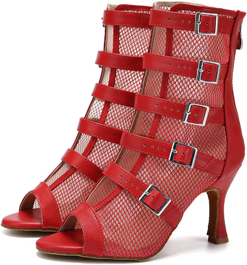 JUODVMP Womens Leather Stitching Mesh Multiple Straps Open Toe Ballroom Latin Salsa Modern Dance Shoes Model Y006