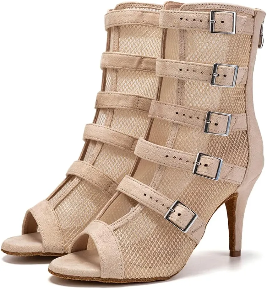 JUODVMP Womens Leather Stitching Mesh Multiple Straps Open Toe Ballroom Latin Salsa Modern Dance Shoes Model Y006