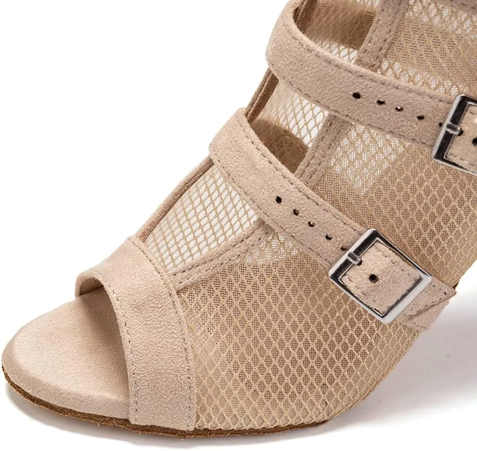 JUODVMP Womens Leather Stitching Mesh Multiple Straps Open Toe Ballroom Latin Salsa Modern Dance Shoes Model Y006