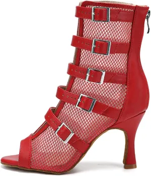 JUODVMP Womens Leather Stitching Mesh Multiple Straps Open Toe Ballroom Latin Salsa Modern Dance Shoes Model Y006