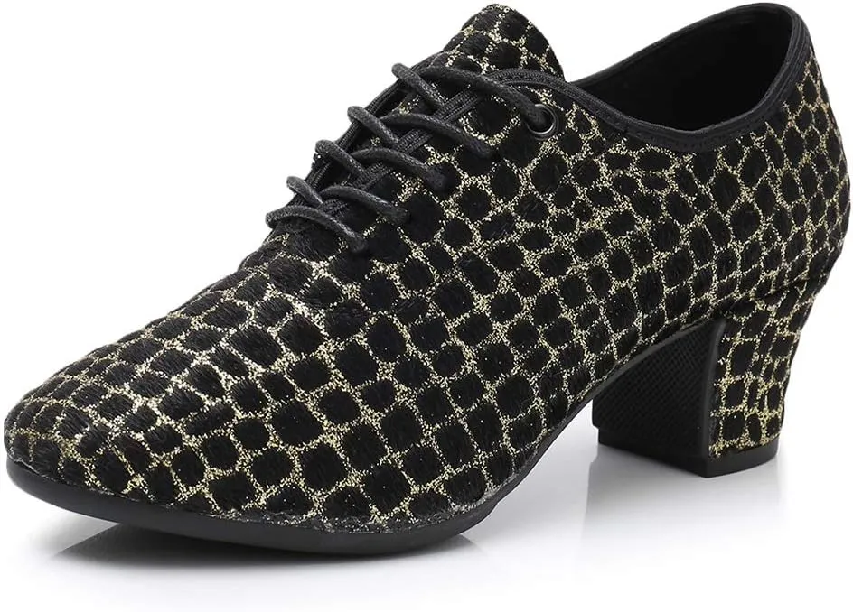 JUODVMP Women's Professional Lace-up Fabric Latin Salsa Tango Ballroom Practice Dance Shoes,Model MFFMM