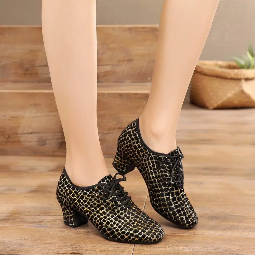 JUODVMP Women's Professional Lace-up Fabric Latin Salsa Tango Ballroom Practice Dance Shoes,Model MFFMM