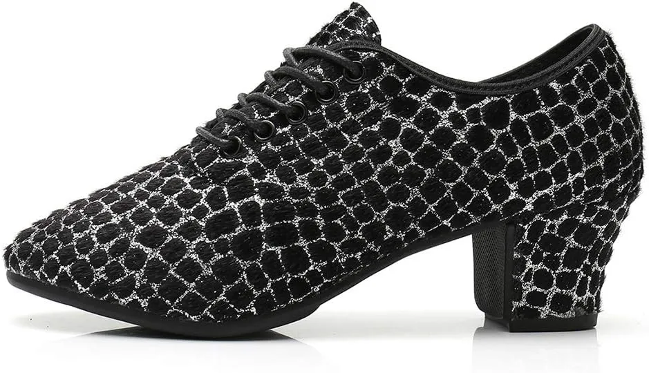 JUODVMP Women's Professional Lace-up Fabric Latin Salsa Tango Ballroom Practice Dance Shoes,Model MFFMM