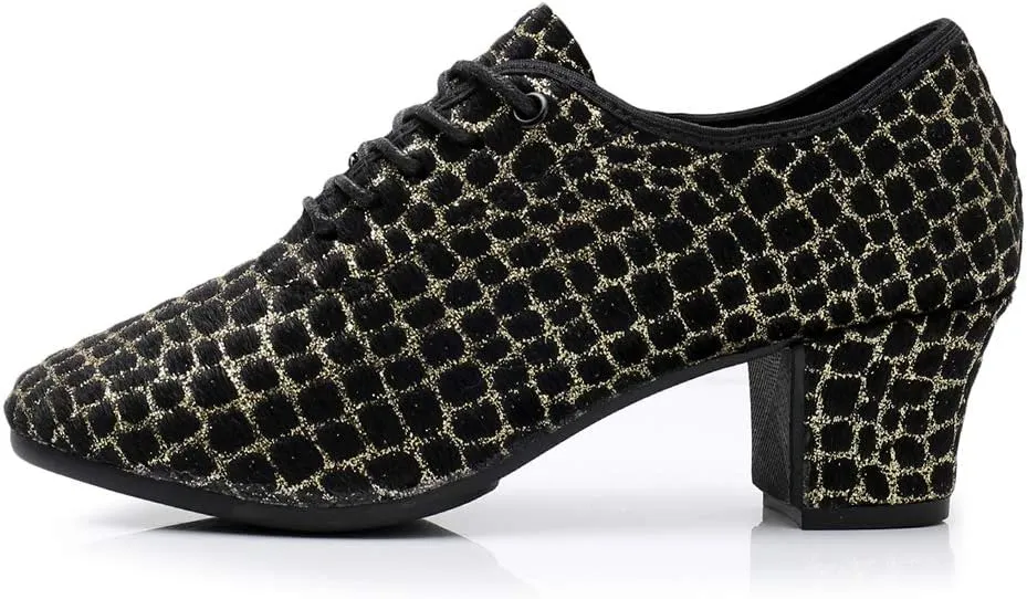 JUODVMP Women's Professional Lace-up Fabric Latin Salsa Tango Ballroom Practice Dance Shoes,Model MFFMM