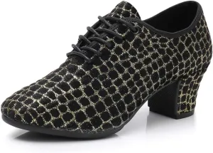 JUODVMP Women's Professional Lace-up Fabric Latin Salsa Tango Ballroom Practice Dance Shoes,Model MFFMM