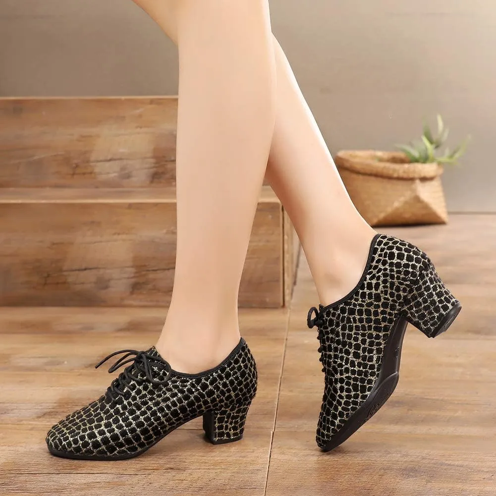 JUODVMP Women's Professional Lace-up Fabric Latin Salsa Tango Ballroom Practice Dance Shoes,Model MFFMM