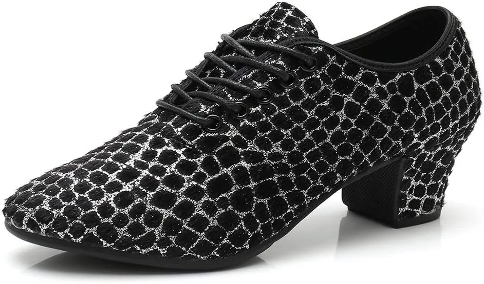 JUODVMP Women's Professional Lace-up Fabric Latin Salsa Tango Ballroom Practice Dance Shoes,Model MFFMM
