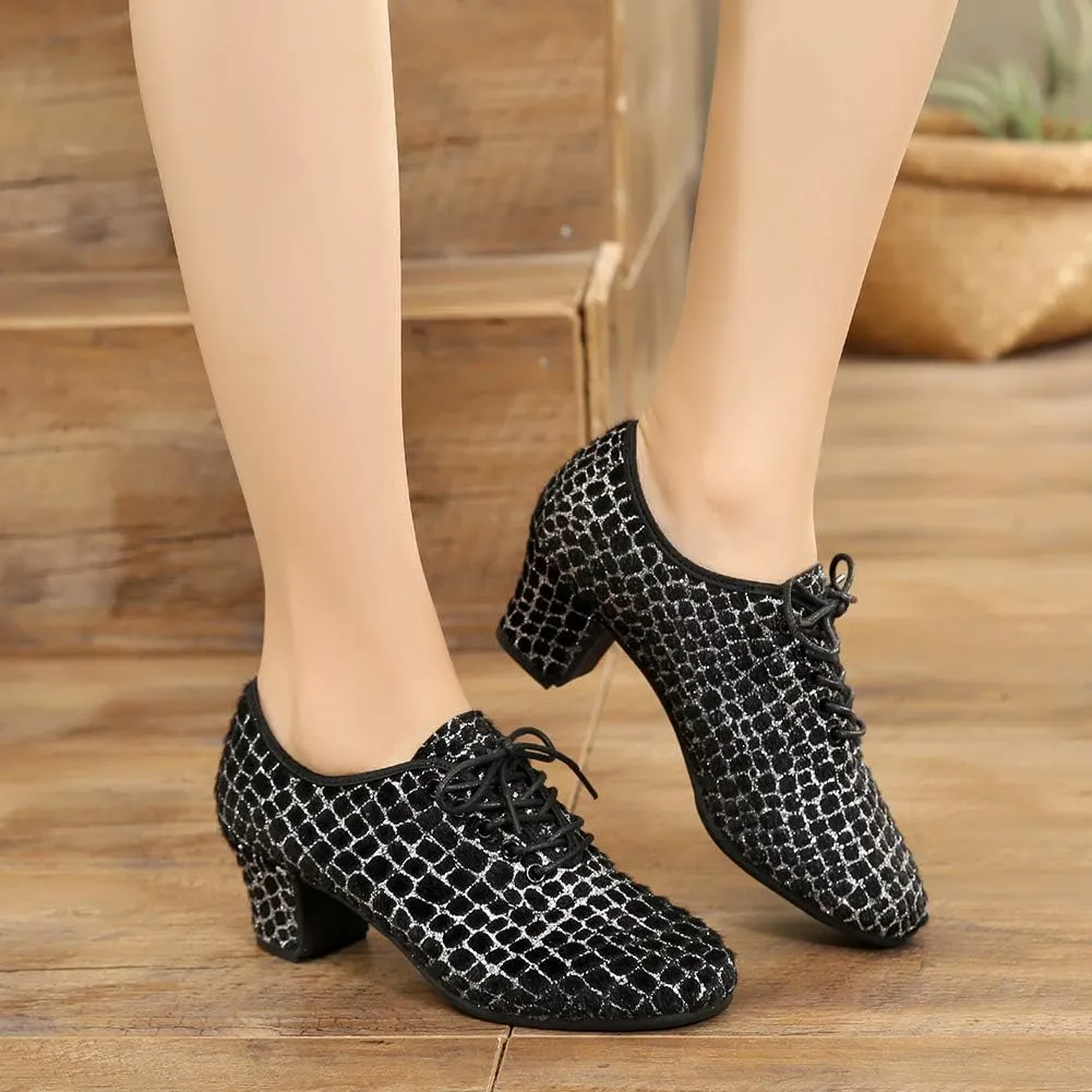 JUODVMP Women's Professional Lace-up Fabric Latin Salsa Tango Ballroom Practice Dance Shoes,Model MFFMM