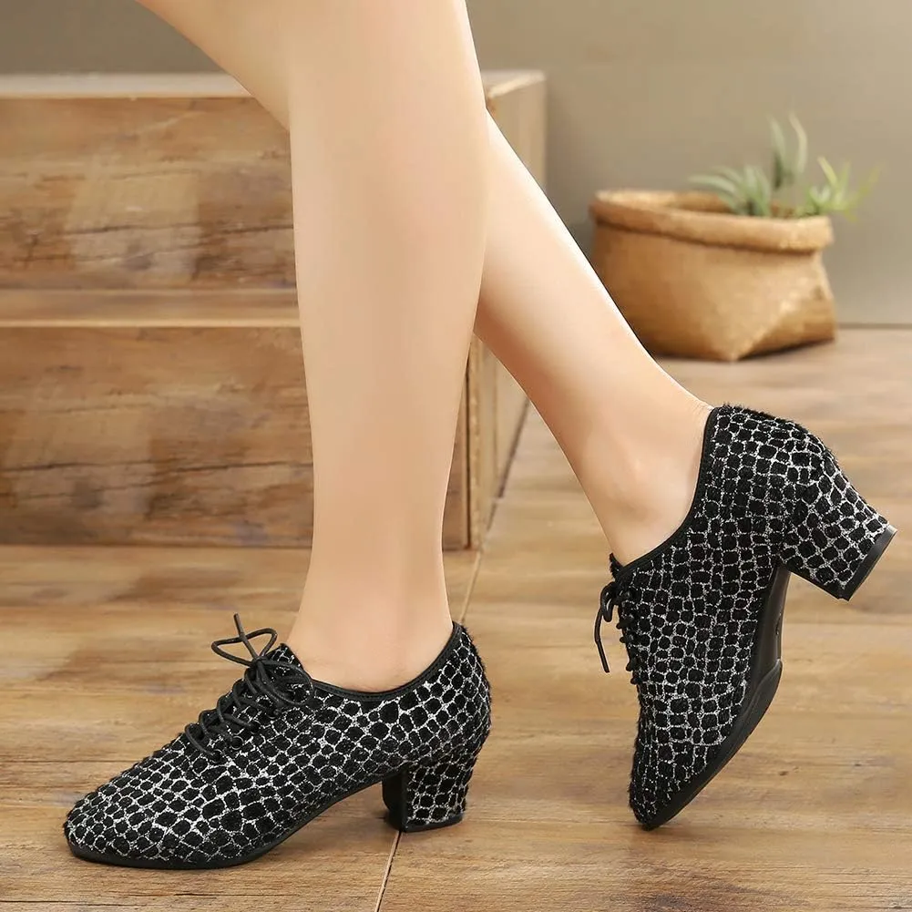 JUODVMP Women's Professional Lace-up Fabric Latin Salsa Tango Ballroom Practice Dance Shoes,Model MFFMM