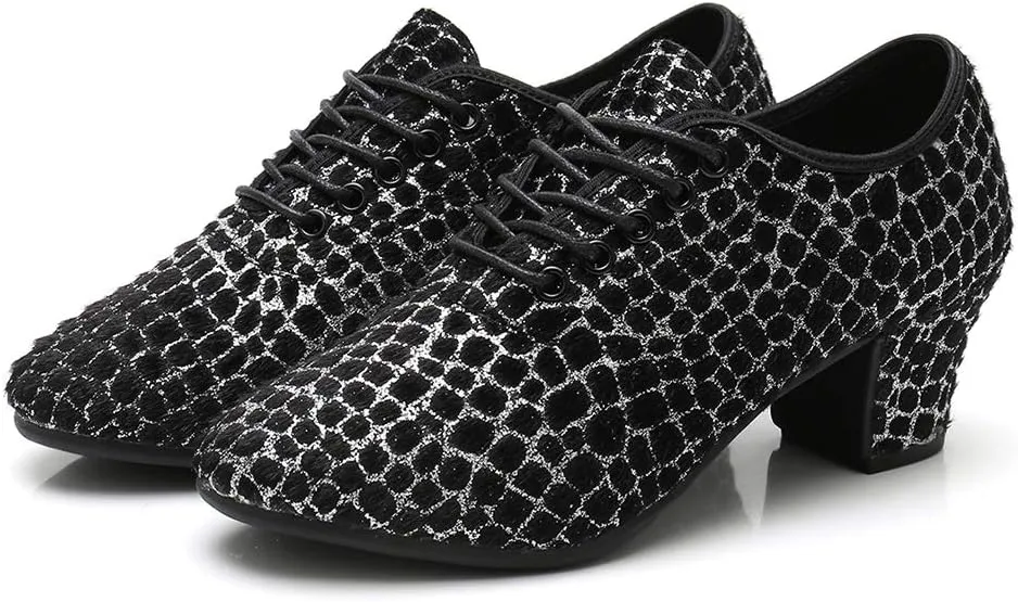 JUODVMP Women's Professional Lace-up Fabric Latin Salsa Tango Ballroom Practice Dance Shoes,Model MFFMM