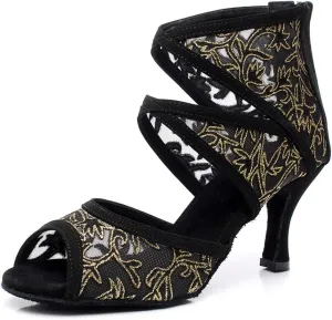 JUODVMP Women's Ultrasuede Cut Out Embroidered Floral Pattern Ballroom Latin Salsa Dance Shoes Model QJW1004