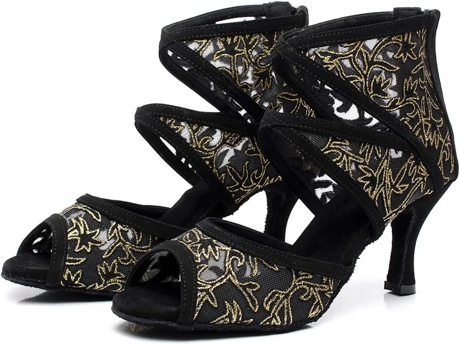 JUODVMP Women's Ultrasuede Cut Out Embroidered Floral Pattern Ballroom Latin Salsa Dance Shoes Model QJW1004