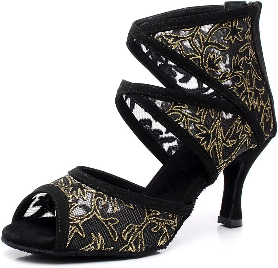 JUODVMP Women's Ultrasuede Cut Out Embroidered Floral Pattern Ballroom Latin Salsa Dance Shoes Model QJW1004